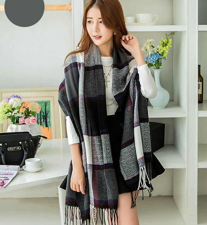 Tassels Plaid Women Scarf Shawl Winter Warm Cashmere Panties 200*60CM - Black