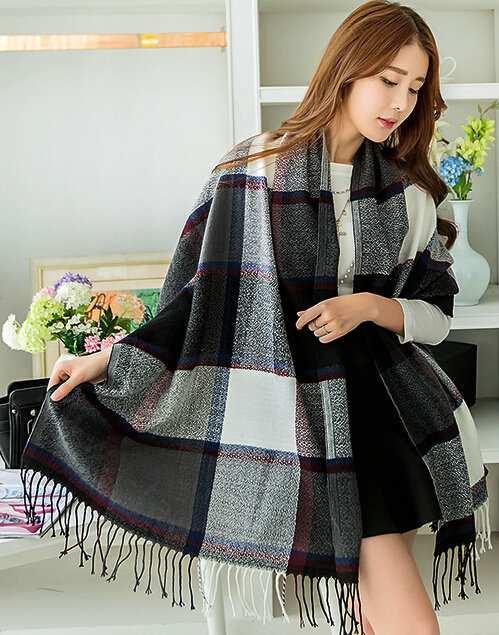 Tassels Plaid Women Scarf Shawl Winter Warm Cashmere Panties 200*60CM - Black