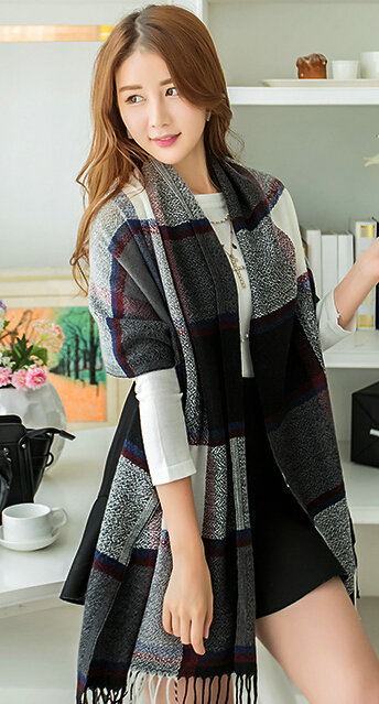 Tassels Plaid Women Scarf Shawl Winter Warm Cashmere Panties 200*60CM - Black