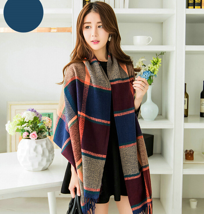 Tassels Plaid Women Scarf Shawl Winter Warm Cashmere Panties 200*60CM - Blue