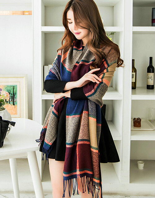 Tassels Plaid Women Scarf Shawl Winter Warm Cashmere Panties 200*60CM - Blue