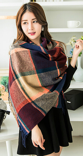 Tassels Plaid Women Scarf Shawl Winter Warm Cashmere Panties 200*60CM - Blue