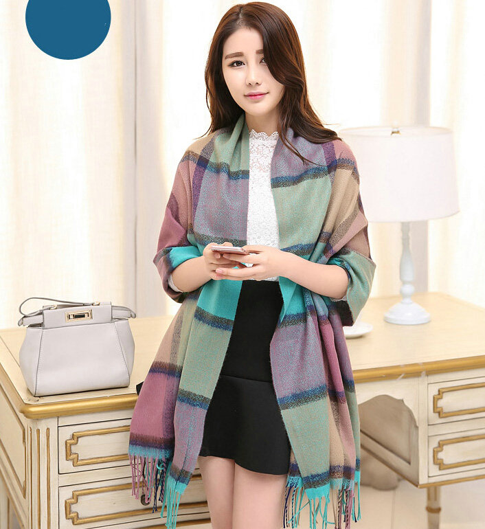 Tassels Plaid Women Scarf Shawl Winter Warm Cashmere Panties 200*60CM - Bluish Violet