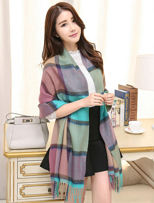 Tassels Plaid Women Scarf Shawl Winter Warm Cashmere Panties 200*60CM - Bluish Violet