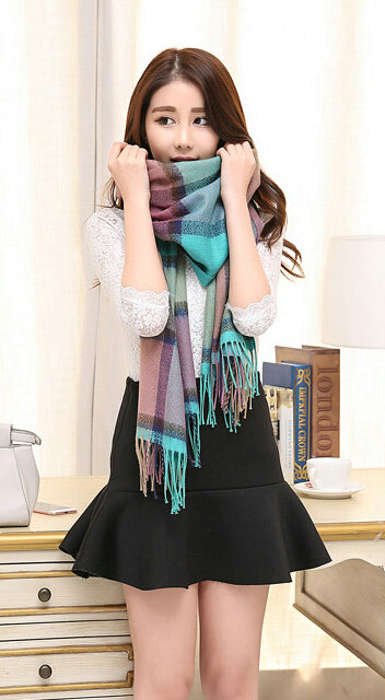 Tassels Plaid Women Scarf Shawl Winter Warm Cashmere Panties 200*60CM - Bluish Violet