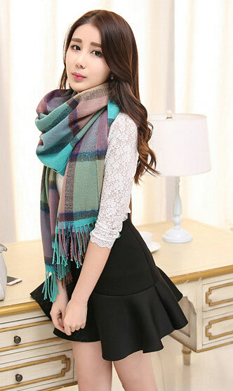 Tassels Plaid Women Scarf Shawl Winter Warm Cashmere Panties 200*60CM - Bluish Violet