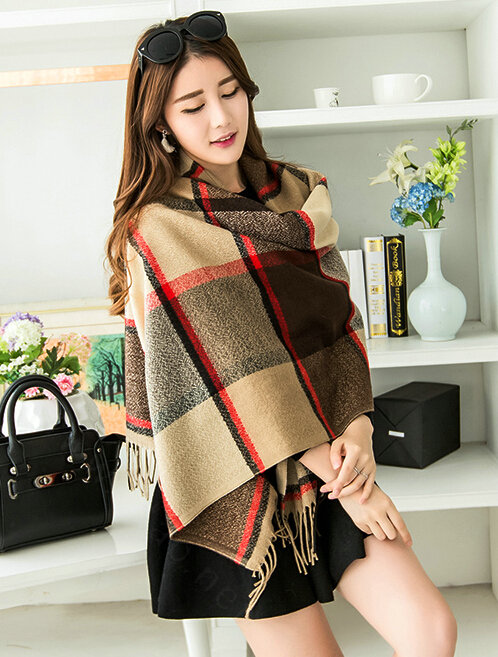 Tassels Plaid Women Scarf Shawl Winter Warm Cashmere Panties 200*60CM - Brown
