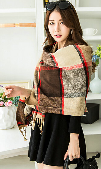 Tassels Plaid Women Scarf Shawl Winter Warm Cashmere Panties 200*60CM - Brown