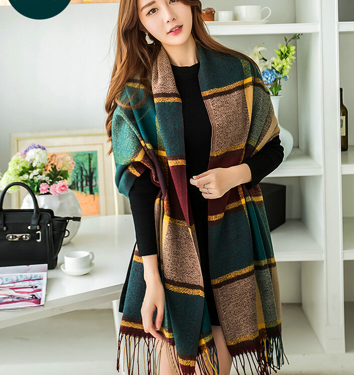 Tassels Plaid Women Scarf Shawl Winter Warm Cashmere Panties 200*60CM - Dark Green
