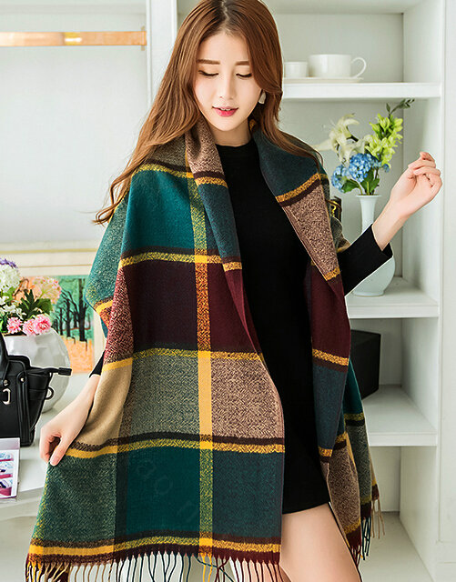Tassels Plaid Women Scarf Shawl Winter Warm Cashmere Panties 200*60CM - Dark Green