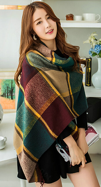 Tassels Plaid Women Scarf Shawl Winter Warm Cashmere Panties 200*60CM - Dark Green