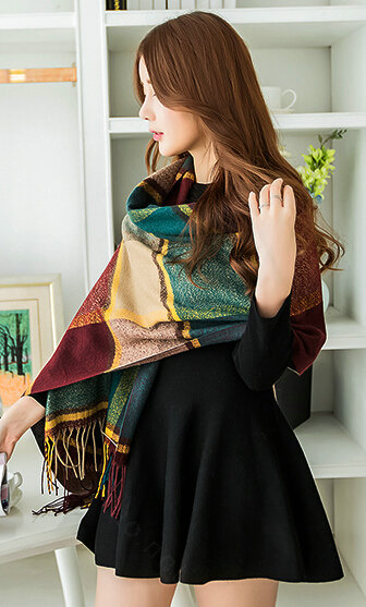 Tassels Plaid Women Scarf Shawl Winter Warm Cashmere Panties 200*60CM - Dark Green