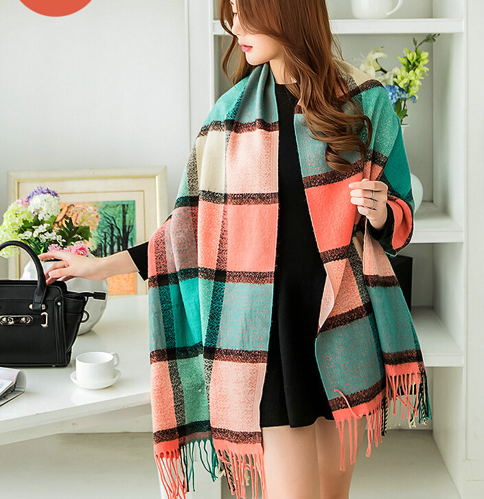 Tassels Plaid Women Scarf Shawl Winter Warm Cashmere Panties 200*60CM - Green
