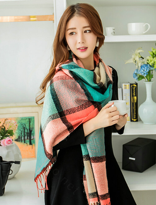 Tassels Plaid Women Scarf Shawl Winter Warm Cashmere Panties 200*60CM - Green