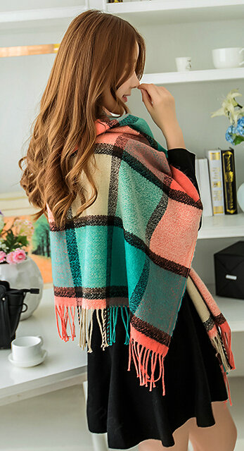 Tassels Plaid Women Scarf Shawl Winter Warm Cashmere Panties 200*60CM - Green