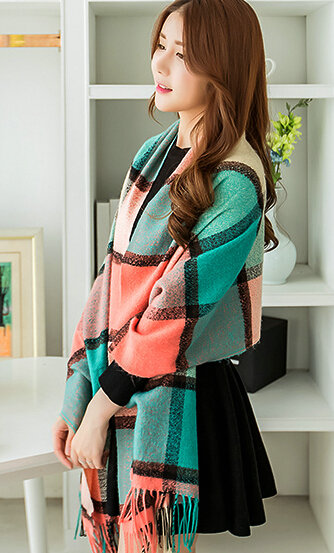 Tassels Plaid Women Scarf Shawl Winter Warm Cashmere Panties 200*60CM - Green