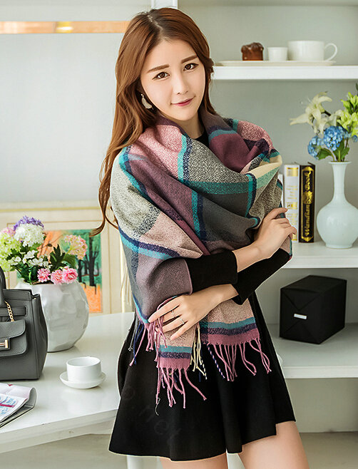 Tassels Plaid Women Scarf Shawl Winter Warm Cashmere Panties 200*60CM - Purple