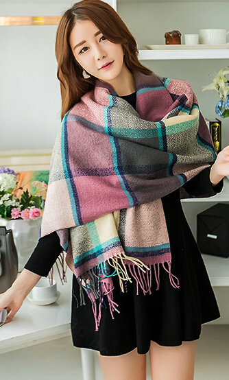 Tassels Plaid Women Scarf Shawl Winter Warm Cashmere Panties 200*60CM - Purple