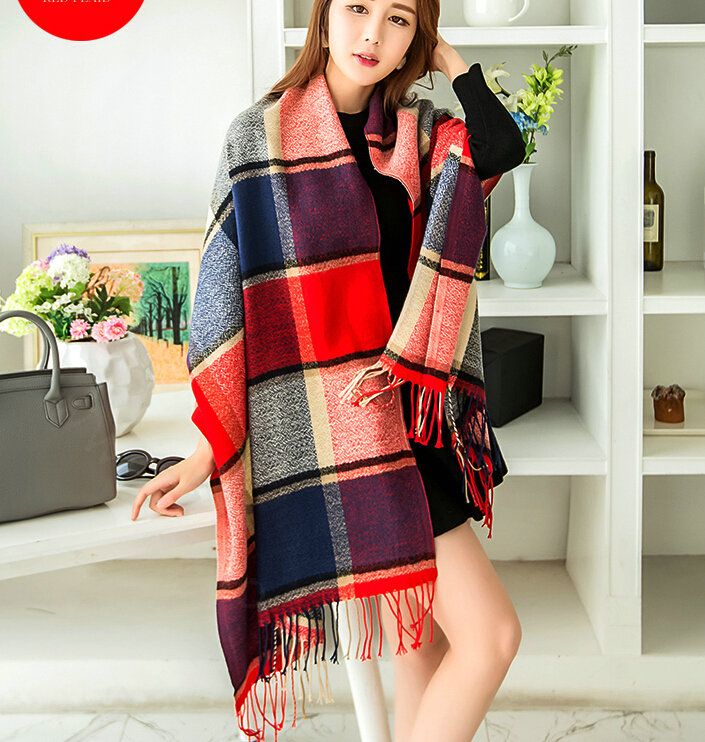 Tassels Plaid Women Scarf Shawl Winter Warm Cashmere Panties 200*60CM - Red