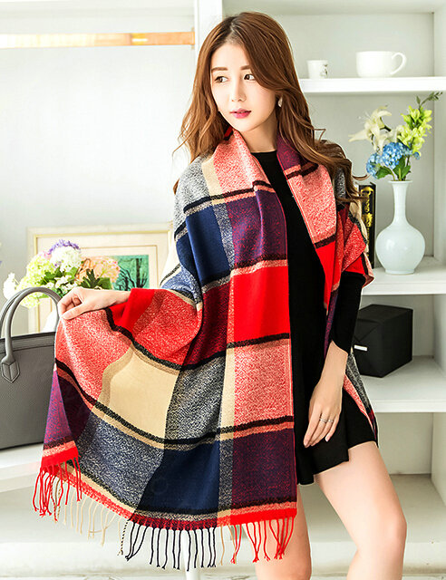 Tassels Plaid Women Scarf Shawl Winter Warm Cashmere Panties 200*60CM - Red