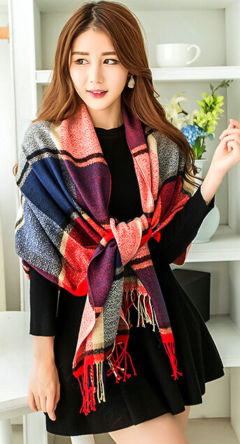 Tassels Plaid Women Scarf Shawl Winter Warm Cashmere Panties 200*60CM - Red