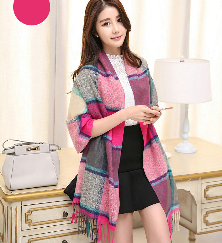 Tassels Plaid Women Scarf Shawl Winter Warm Cashmere Panties 200*60CM - Rose