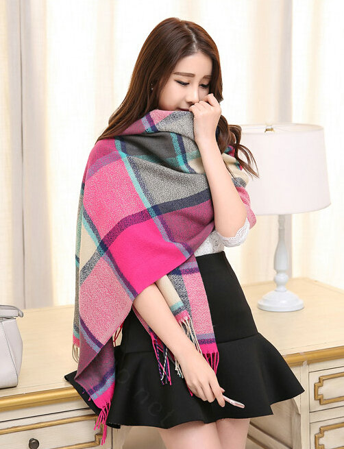 Tassels Plaid Women Scarf Shawl Winter Warm Cashmere Panties 200*60CM - Rose