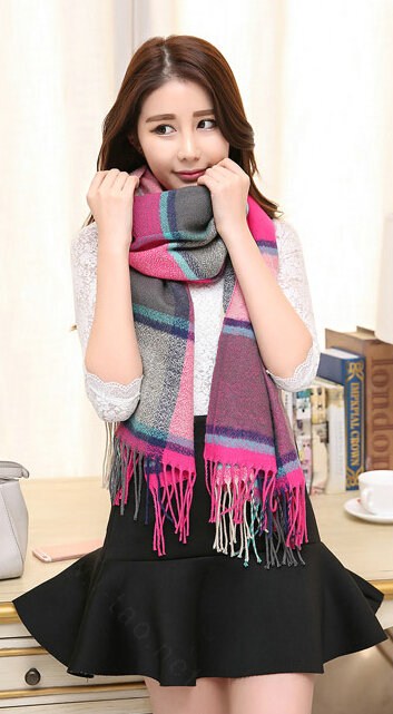 Tassels Plaid Women Scarf Shawl Winter Warm Cashmere Panties 200*60CM - Rose