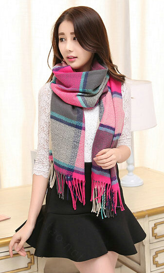 Tassels Plaid Women Scarf Shawl Winter Warm Cashmere Panties 200*60CM - Rose