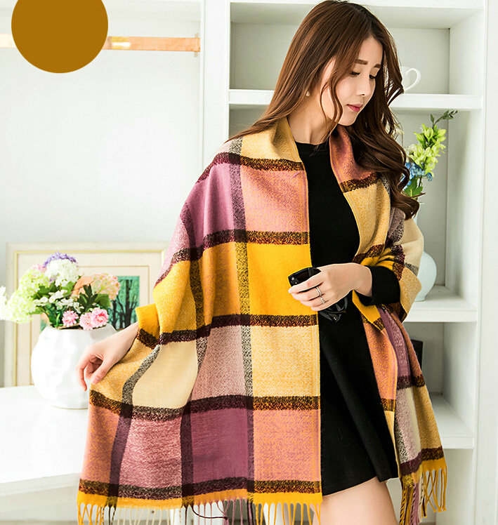 Tassels Plaid Women Scarf Shawl Winter Warm Cashmere Panties 200*60CM - Yellow