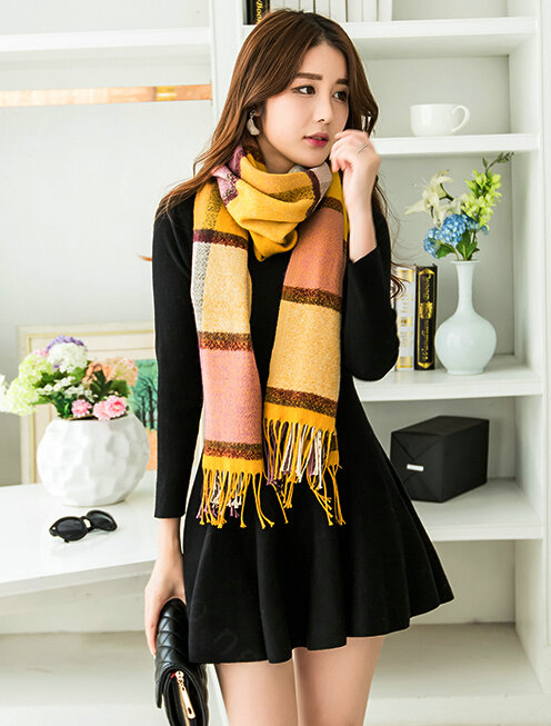 Tassels Plaid Women Scarf Shawl Winter Warm Cashmere Panties 200*60CM - Yellow