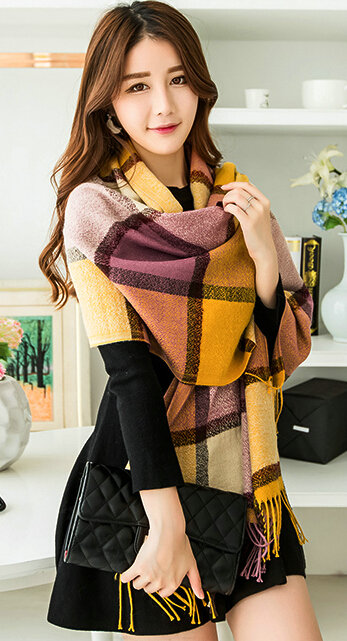 Tassels Plaid Women Scarf Shawl Winter Warm Cashmere Panties 200*60CM - Yellow