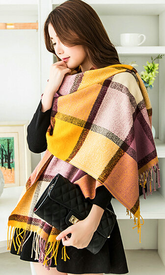Tassels Plaid Women Scarf Shawl Winter Warm Cashmere Panties 200*60CM - Yellow