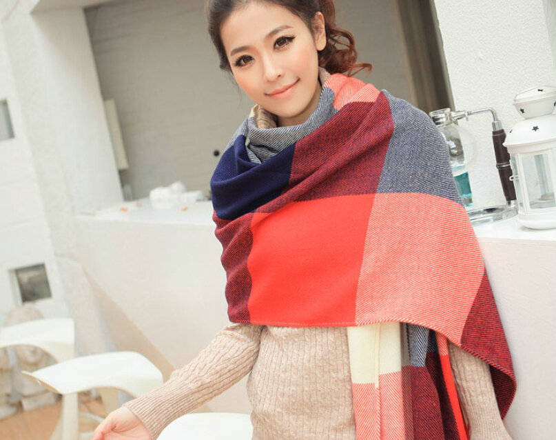 Tassels Plaid Women Scarf Shawl Winter Warm Wool Panties 210*65CM - Bordeaux