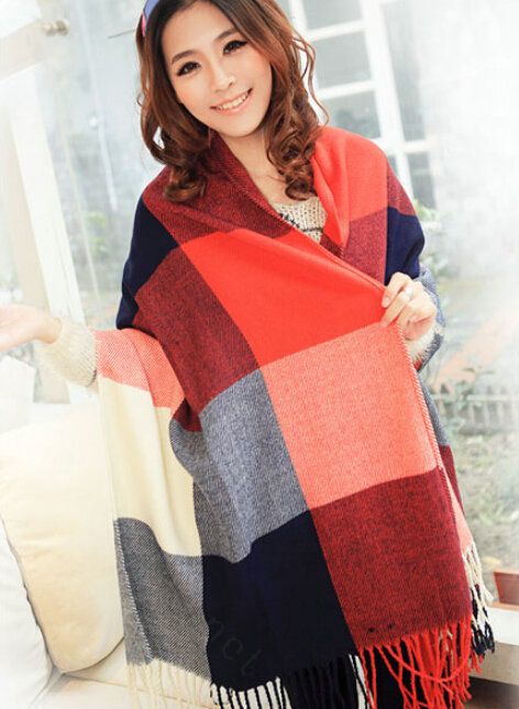 Tassels Plaid Women Scarf Shawl Winter Warm Wool Panties 210*65CM - Bordeaux