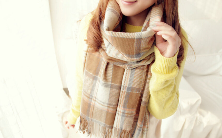 Tassels Plaid Women Scarf Shawl Winter Warm Wool Panties 210*65CM - Coffee