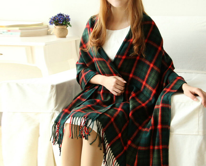Tassels Plaid Women Scarf Shawl Winter Warm Wool Panties 210*65CM - Dark Green