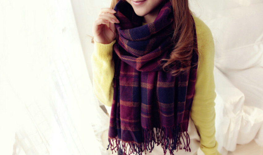 Tassels Plaid Women Scarf Shawl Winter Warm Wool Panties 210*65CM - Dark Purple