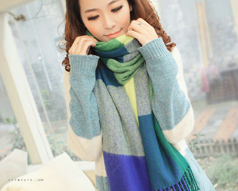 Tassels Plaid Women Scarf Shawl Winter Warm Wool Panties 210*65CM - Green
