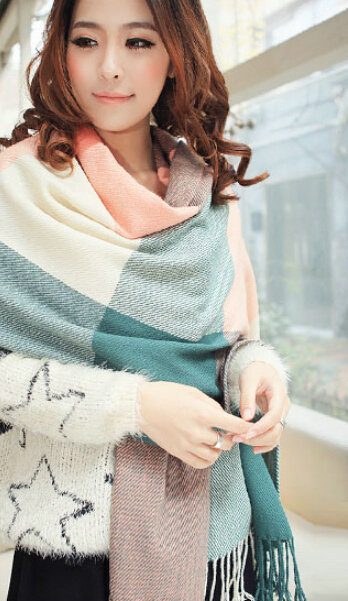 Tassels Plaid Women Scarf Shawl Winter Warm Wool Panties 210*65CM - Pink Green