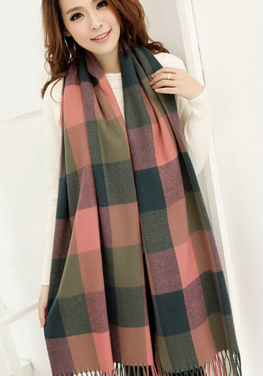 Tassels Plaid Women Scarf Shawl Winter Warm Wool Panties 210*65CM - Rubber Red