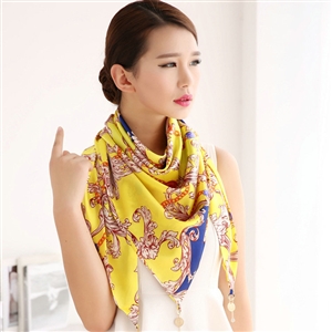 Unique Women Scarf Shawls Print Flower Silk Scarves Wraps 180*90CM - Yellow
