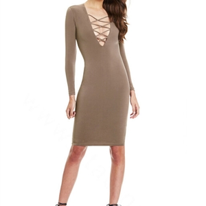 Autumn Dresses Long Sleeved Sexy Female Band Nightclub A-Line Cotton - Khaki