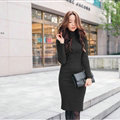 Autumn Winter Women Dresses Natural Knitting Knee-Length Sheath Turtleneck Full Sleeve - Black