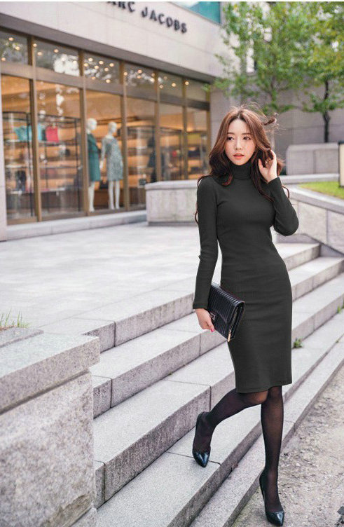 Autumn Winter Women Dresses Natural Knitting Knee-Length Sheath Turtleneck Full Sleeve - Black