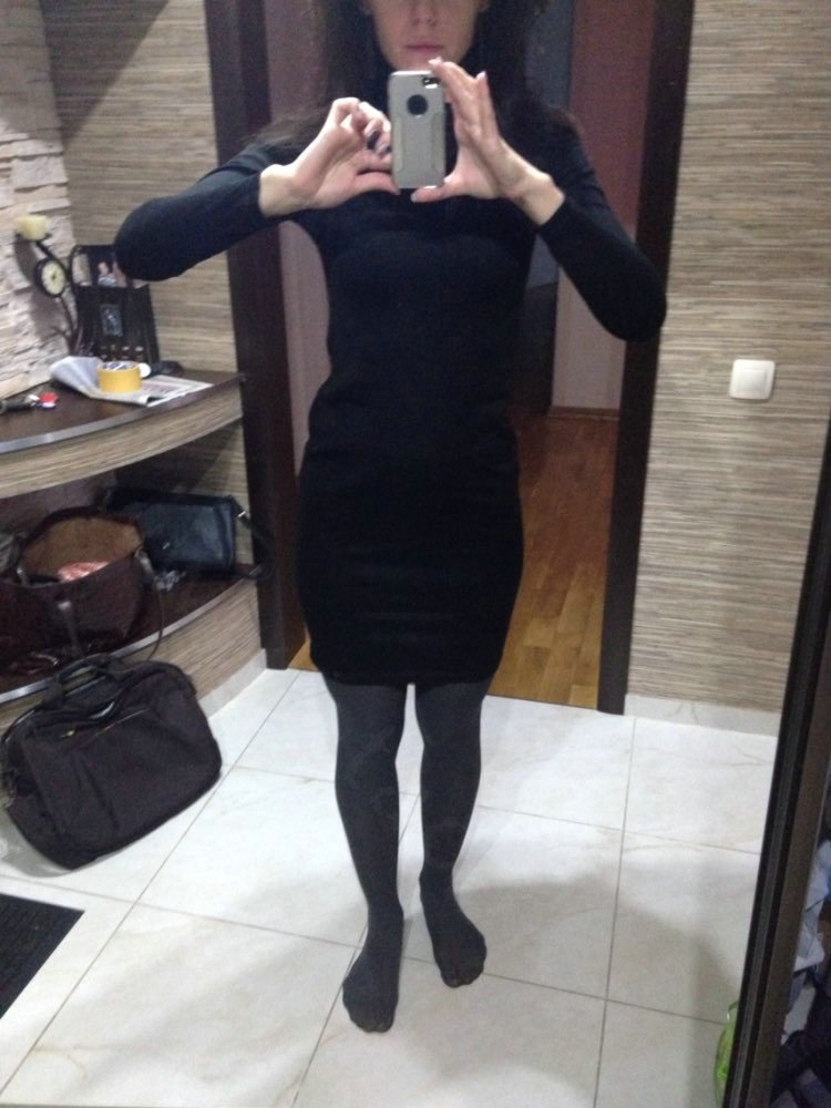 Autumn Winter Women Dresses Natural Knitting Knee-Length Sheath Turtleneck Full Sleeve - Black