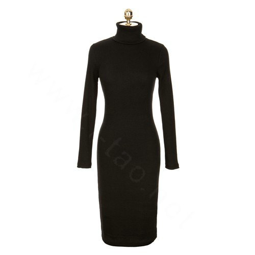 Autumn Winter Women Dresses Natural Knitting Knee-Length Sheath Turtleneck Full Sleeve - Black