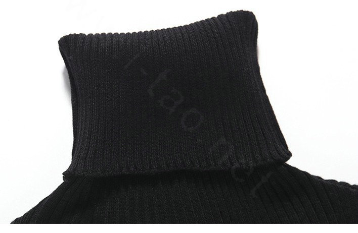 Autumn Winter Women Dresses Natural Knitting Knee-Length Sheath Turtleneck Full Sleeve - Black