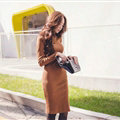 Autumn Winter Women Dresses Natural Knitting Knee-Length Sheath Turtleneck Full Sleeve - Camel