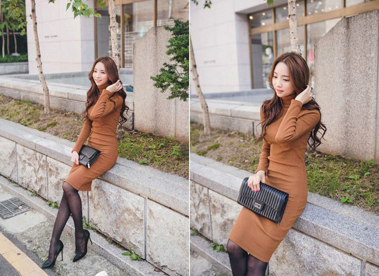 Autumn Winter Women Dresses Natural Knitting Knee-Length Sheath Turtleneck Full Sleeve - Camel